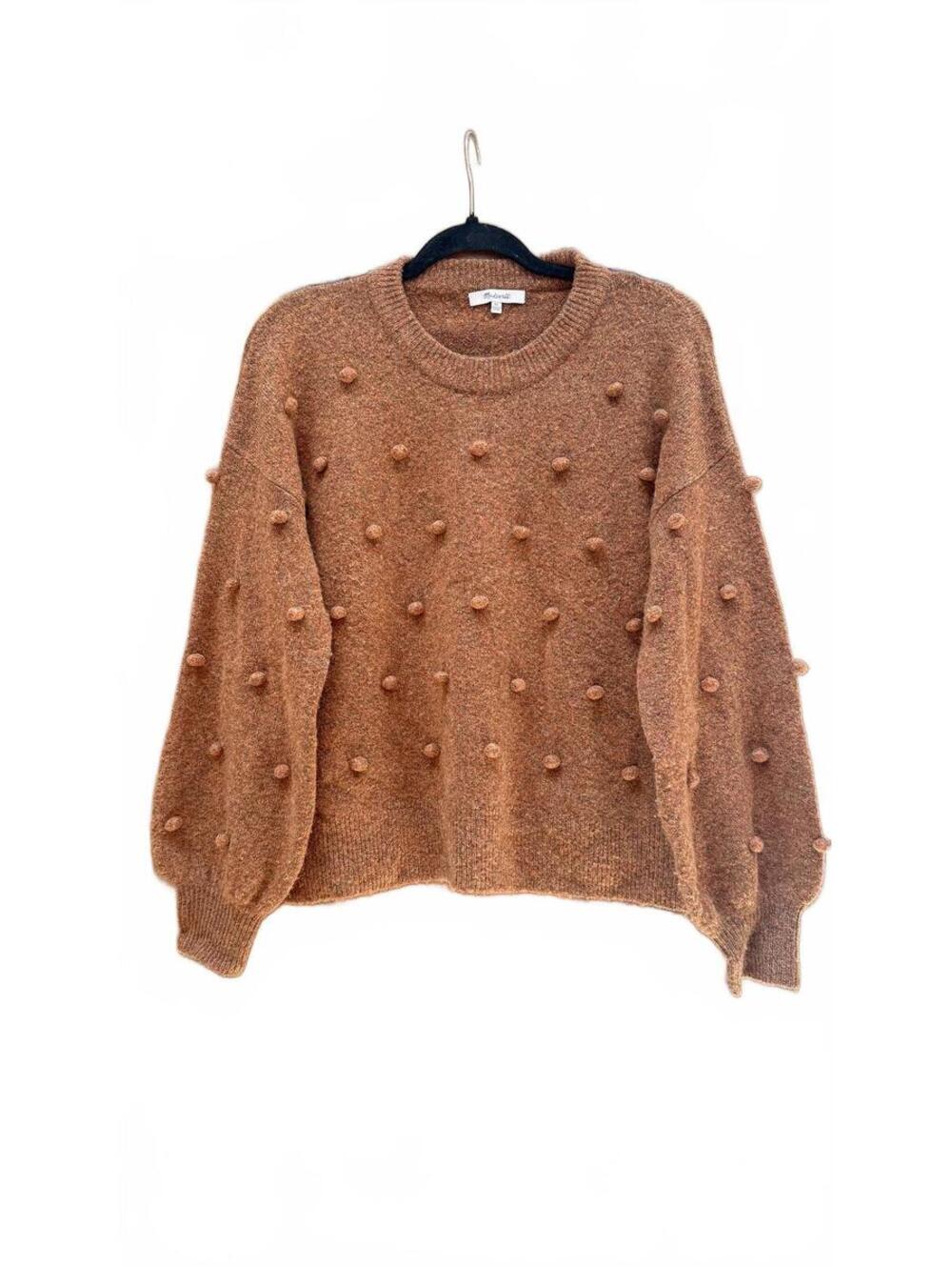 Madewell Sweater Womens XS Brown Pom Pom Knit Crewneck Wool Blend Cozy Textured
